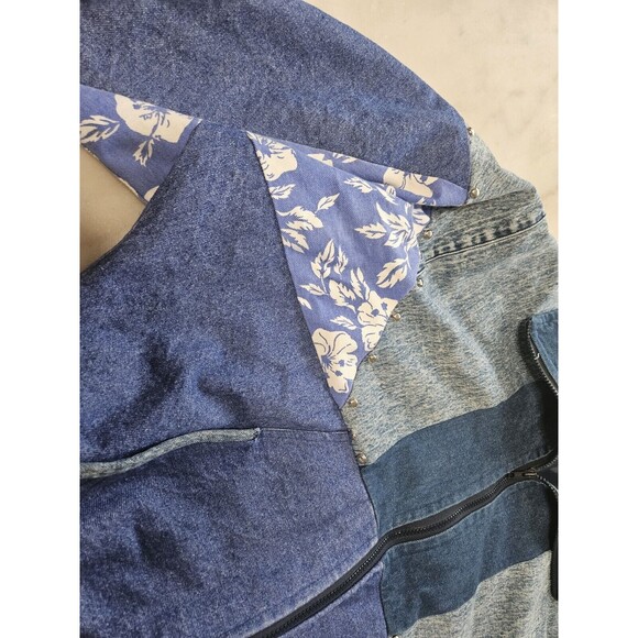Retro Denim Bomber Jacket With Floral Accents, Size XL VINTAGE - Picture 14 of 14